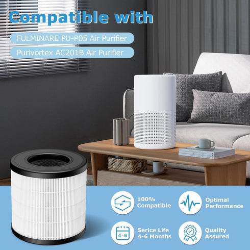 PU-P05/AC201B True HEPA Replacement Filter for FULMINARE PU-P05 and Purivortex AC201B Air Purifiers, 4-Pack
