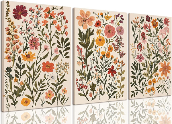 KISSFOX 3 Piece Boho Floral Canvas Wall Art For Bedroom Cottagecore Wild
