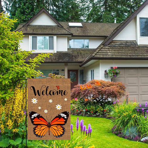 Welcome Monarch Butterfly Garden Flag | Double Sided Burlap Vertical Yard Flags for Personalized Decor 12.5x18 Inch