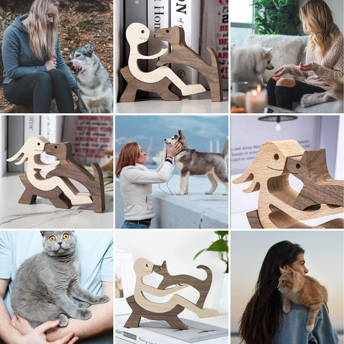 BOBO BIRD Wooden Dog Cat Family Statue, Handmade Wood Decoration, Cute Puppy and Kitty Figurine Craft for Home