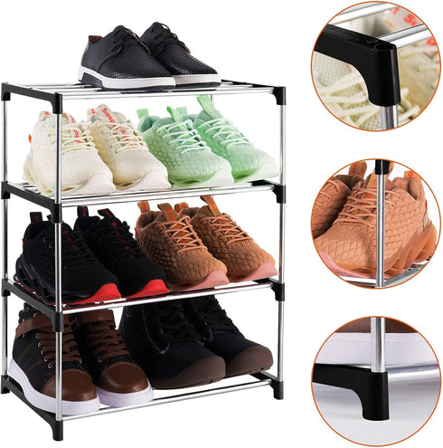 Xerhnan 4-Tier Closet(Black) Stackable Small Shoe Rack, Lightweight Shoe Shelf Storage Organizer for Entryway, Hallway