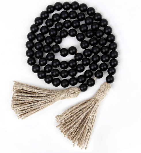 58in Wood Bead Garland with Tassels, Farmhouse Rustic Country Decor, Boho Wall Hanging Decoration (Black)