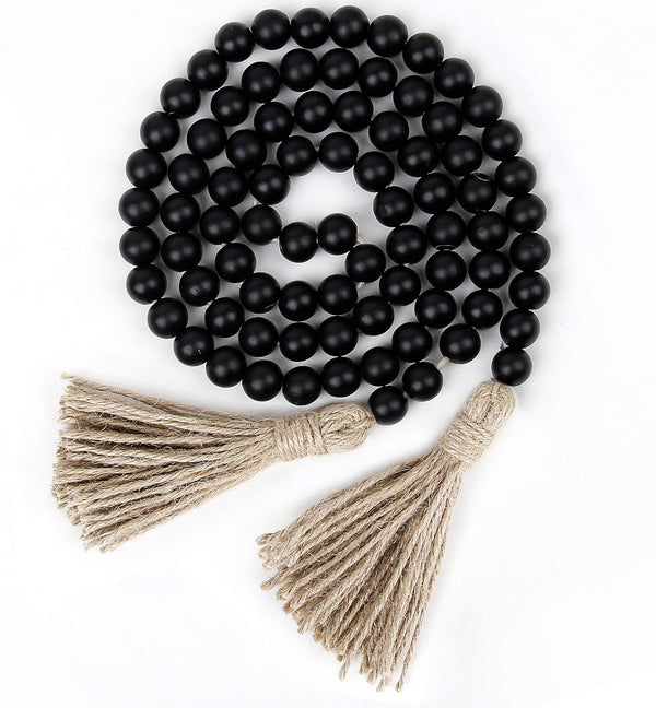 58in Wood Bead Garland with Tassels, Farmhouse Rustic Country Decor, Boho Wall Hanging Decoration (Black)
