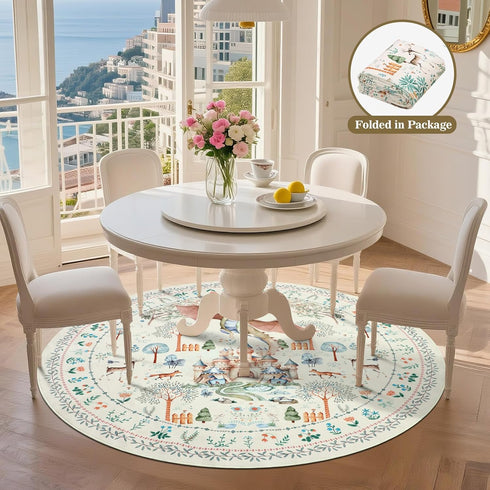 5Ft nesrt Washable Area Rugs Round for Living Room Non Slip, Beige Dragon Forest Circle Dining Room Rugs Low Pile, Soft