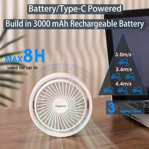 Small Desk Fan, Ultra Quite USB Fan Portable 3000mAh Rechargeable Battery Operate, High Power 3 Speed 5.3in With Ambient Light/Hook 180°Rotated Easy Clean (White) by Digibond