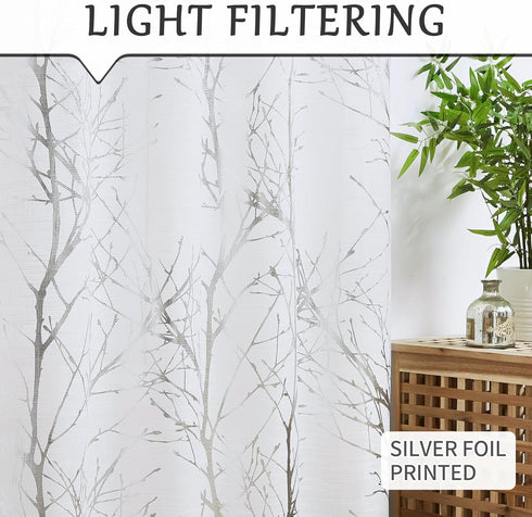FMFUNCTEX Foil Silver Branch White Sheer Valance Curtain for Living Room Window, 18 Inches Long Light Filtering, 1