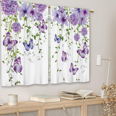 Purple Floral Butterfly Kitchen Curtains, Rustic Flower Small Short Cafe Window Drapes, 27.5x39 Inch