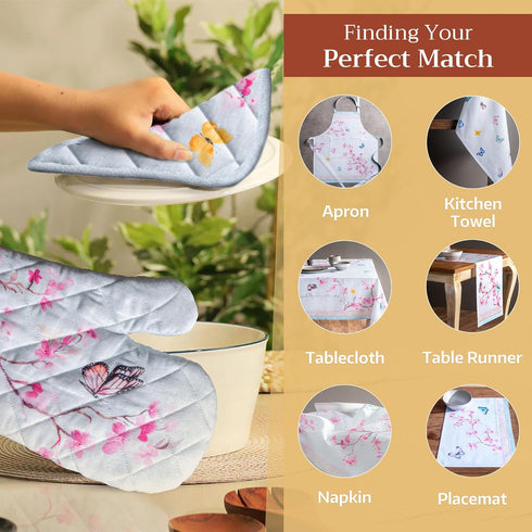 Maison d' Hermine Oven Mitt & Pot Holder Set - 100% Cotton, Heat Resistant BBQ Cooking Gloves (Blossoms In Spring)