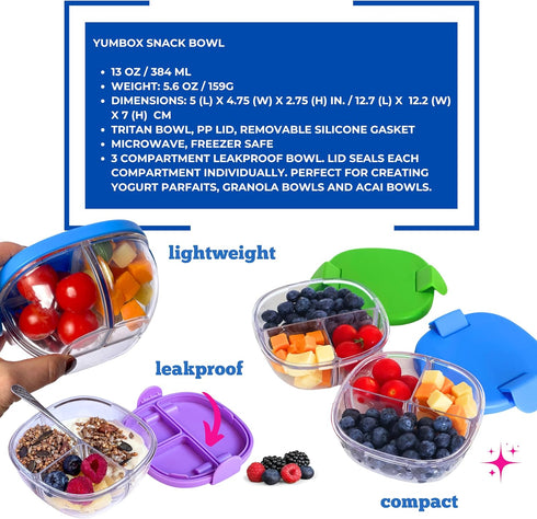 3 Yumbox Snack Bowl, Leakproof Compartments, Removable Lid, Microwave, Dishwasher Safe, Perfect for acai bowl, yogurt