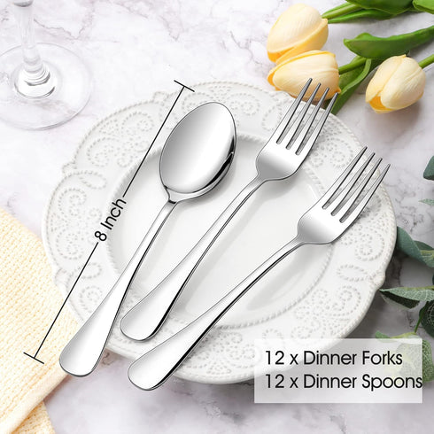 E-far 24-Piece Dinner Forks and Spoons, Stainless Steel Silverware Flatware Eating Utensils Set for Home Kitchen Restaurant, Food Grade Metal & Simple Design, Mirror Finish & Dishwasher Safe, 8 Inch by E-far