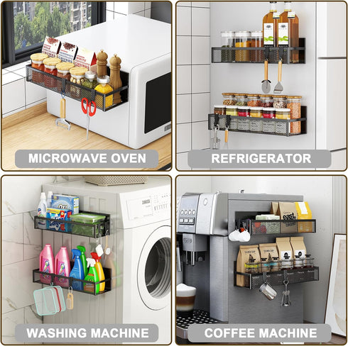 Magnetic Spice Rack for Refrigerator, 2 Pack Organizer with Moveable 4 Hooks, Magnetic Fridge Shelf for Kitchen Storage