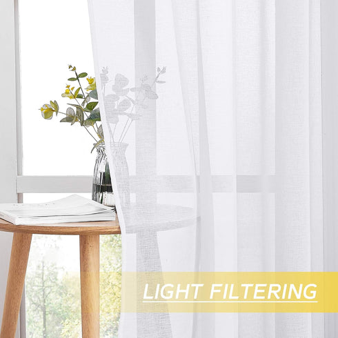 NICETOWN Sheer Curtains for Living Room, Grommet Top Faux Linen Semitransparent Curtains, 84 inches Long, White