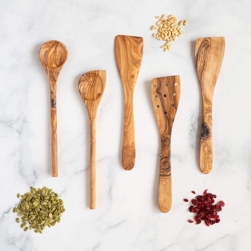 Tramanto Olive Wood Utensil Set | 5 Piece Spatula and Spoon, 12 Inch Luxury Kitchen Set with Gift Box