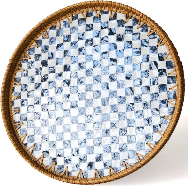13.8 in Round Rattan Tray with Mother of Pearl Inlay, Wicker Serving