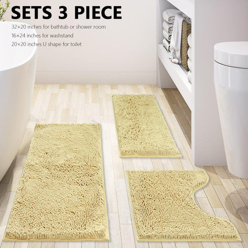 Bath Rugs Chenille 3-Piece Set, Extra Soft Absorbent Shag Beige Bathroom Mats, Machine Wash, Non-Slip Underside
