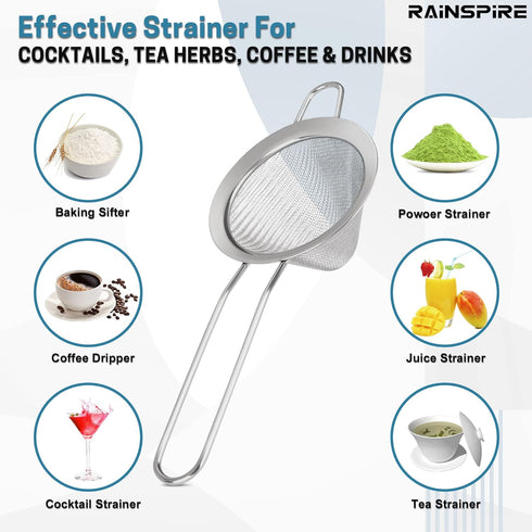 Stainless Steel Fine Mesh Strainer, Mini Cocktail Strainer for Tea, Herbs, Coffee & Drinks, Rust Proof
