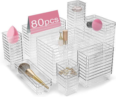 Drawer Organizers Set of 80, Clear Plastic Storage Bins in 4 Sizes for Kitchen, Bathroom, Office, Dresser, Jewelry,