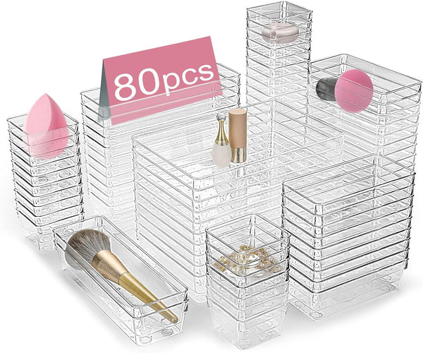 Drawer Organizers Set of 80, Clear Plastic Storage Bins in 4 Sizes for Kitchen, Bathroom, Office, Dresser, Jewelry,