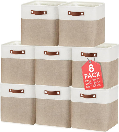 Uiifan 8 Pack Fabric Storage Baskets with Handles, Linen Decorative Storage Containers for Shelves, Beige