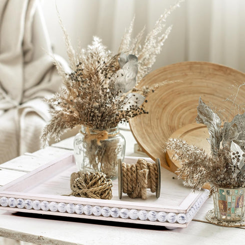 12in HPC Decor Square Decorative Tray for Home Decor- White Wood Beaded Tray- Decorative Square Tray for Living Room