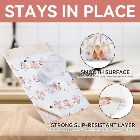 RAY STAR Shelf Liner, Non Adhesive Pink Orange Floral Printed Kitchen Cabinet Liner, Strong Grip Non Slip