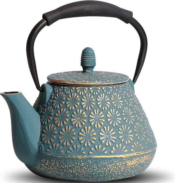 Cast Iron Teapot, 32oz Japanese Sakura Blossom Pattern Tea Kettle, Stovetop Safe,