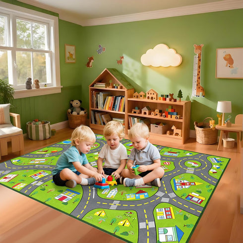3x5 Car Play Rug City Life Traffic Road Kids Rug, Educational Road Carpet Kids Play Mat for Floor Nursery Toddler
