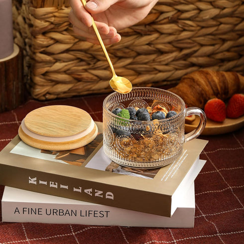 LANDNEOO Vintage Coffee Mugs Set - 4pcs 14oz Clear Glass Cups with Bamboo Lids & Spoons, Perfect Gifts for Women!