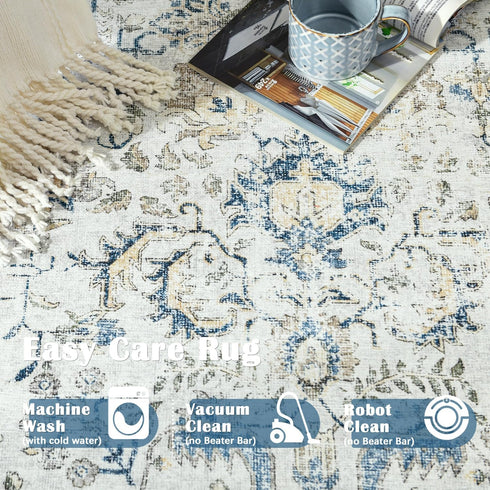 jinchan Vintage Area Rug 2x3 - Washable Entryway Rug, Non Slip Thin Retro Distressed Carpet, Blue Multi Floral Print