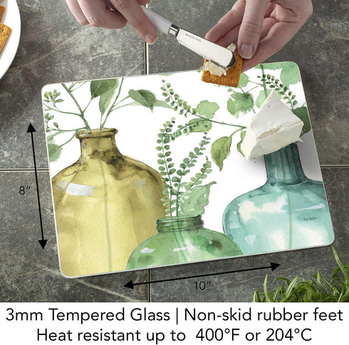 CounterArt Greenery Decorative 3mm Tempered Glass Cutting Board, 10” x 8”, Dishwasher Safe, USA Made