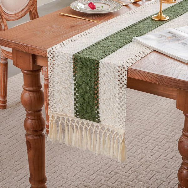 duduta Sage Green Spring Macrame Table Runner 72 inch Long, Farmhouse Boho