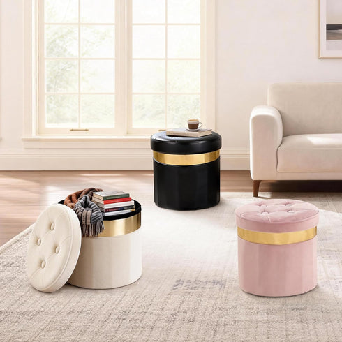 Room13x13x12.4(YZblack,1pcs) xuperbonus Small Ottoman with Storage,Folding Round Ottoman with Gold Trim,Velvet Storage