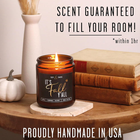 Fall Candles - 'It's Fall Yall' Candle with Apple Cinnamon & Nutmeg, Essential Oils, 9oz Jar, 50Hr Burn