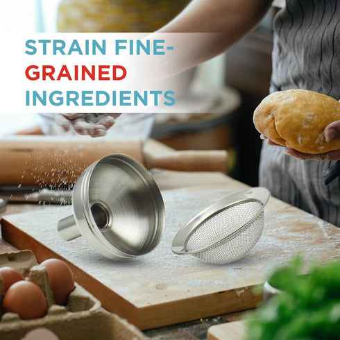 Zoie + Chloe 3-in-1 Stainless Steel Funnel Set - Kitchen Funnels with Detachable Fine Mesh Filter & Strainer