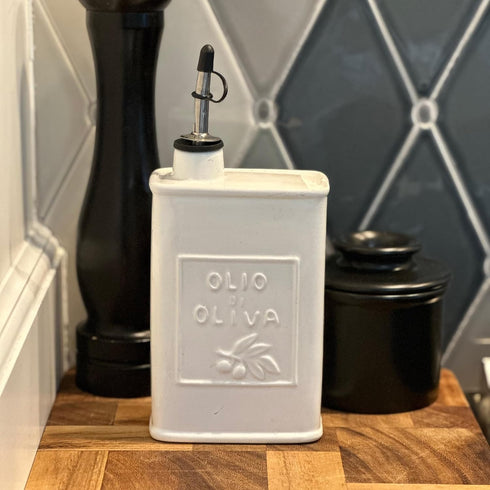 17 oz/500 ML Fox Run White Ceramic Oil Can, Olive Oil Dispenser With Pouring Spout and Cap