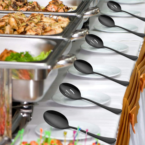LIANYU 6-Piece Large Black Serving Spoons, Slotted Serving Utensils for Party Buffet, 9.8 Inch, Dishwasher Safe