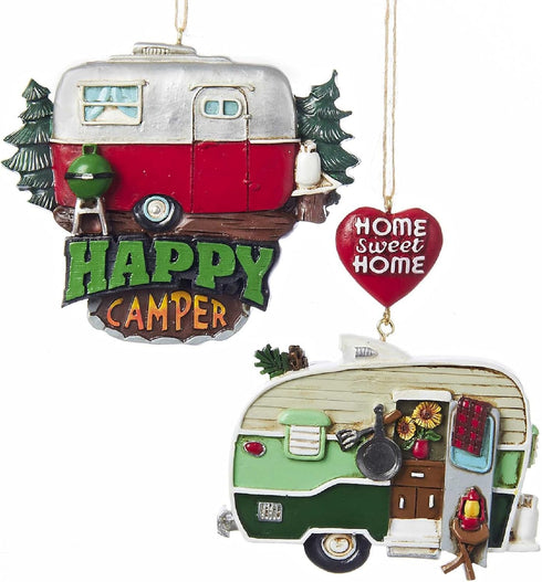Resin Painted Camper Hanging Ornament - Set of 2 - "Home Sweet Home" & "Happy Camper"