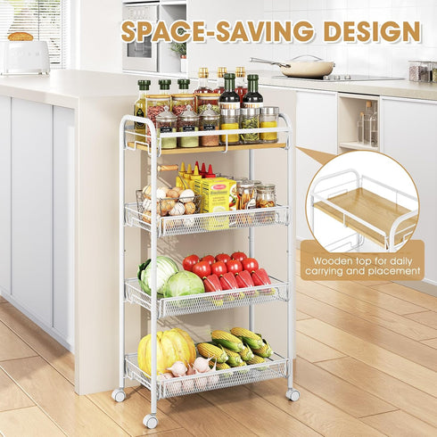 4-Tier TOOLF Rolling Cart, Metal Utility Cart, Slide Out Storage Cart with Wooden Tabletop and Mesh Baskets, Easy