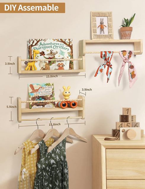 Set 3 Maxpeuvon Nursery Floating Shelves for Wall, of Book Shelves Natural Wood Wall Mounted Organizer with Towel Bar