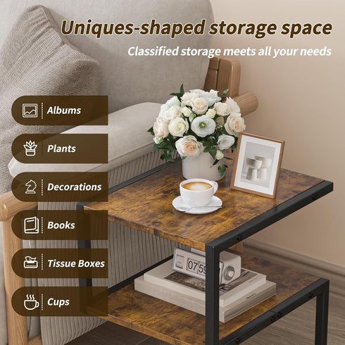 3 S-Shaped Side Table Tier, Minimalist Nightstand for Small Spaces with Open Storage, Narrow End Table for Living Room