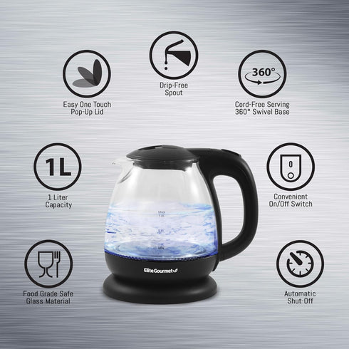 Elite Gourmet EKT1001 Electric 1.0L BPA-Free Glass Kettle, 1100W with Stylish Blue LED, Auto Shut-Off, Black