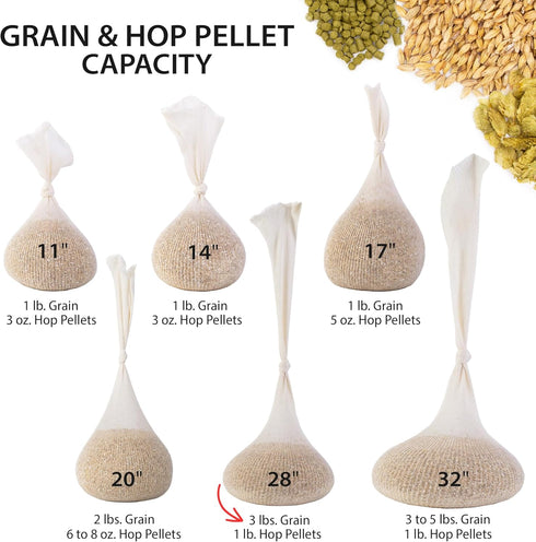Hops, Grain & Spice Beer Brewing Bags - 28” Cotton Mesh Steeping Bags for Homebrewing, 10 Pack