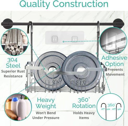 Small Shower Caddy Hanging with Rotatable Hooks, Adhesive Mount, Spacious Bathroom Storage Solution, 304 Stainless Steel