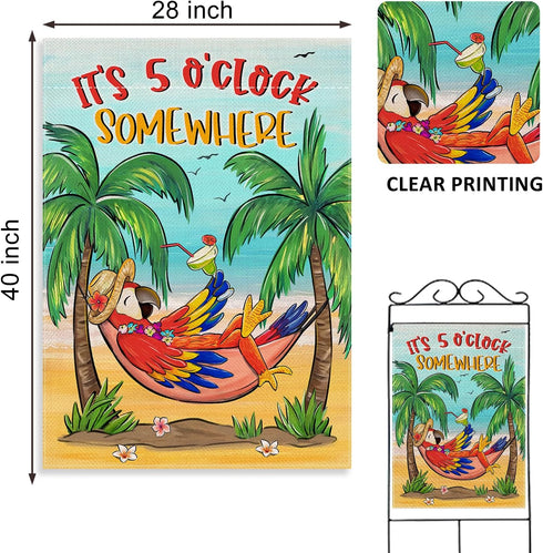 Welcome Summer Parrot Bird Decorative House Flag, It's 5 O'clock Somewhere Beach Coastal Tropical Palm Tree Garden Yard