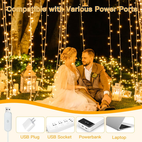 6.6x6.6ft, 200 8 Dimmable Ollny Curtain Lights LED String Lights with Remote Modes Timer, USB Power Fairy Light