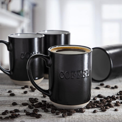 Sheffield Home Set of 4 Stoneware Coffee Mugs, Printed Tea Cups, Latte Mugs 16 oz (Black)