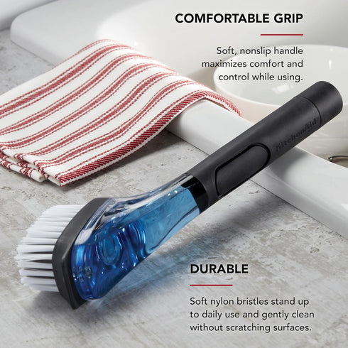 KitchenAid Soap Dispensing Sink Brush with Easy to Fill Handle, Nylon Bristles for Tough Cleaning, Comfort Grip Handle