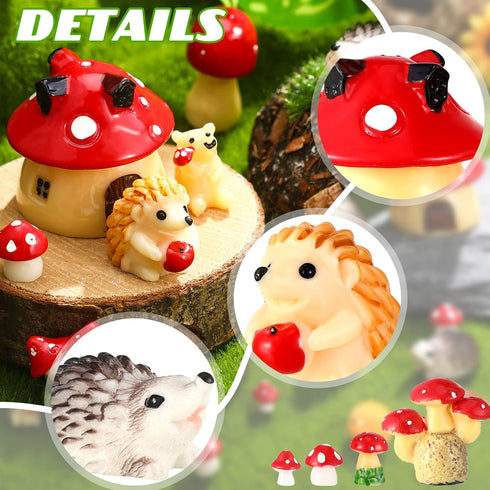 Woanger 30 Pcs Miniature Fairy Garden Accessories, Tiny Resin Hedgehog Mushroom Figurines for House Terrarium Decor