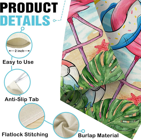 Welcome Summer Flamingo 28 x 40 House Flag, Double Sided; Beach Coastal Swim Ring Tropical Palm Leaves Garden Yard