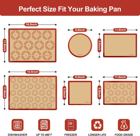 Silicone Baking Mat Set of 6, Non-Stick Food Grade Reusable Baking Mats, Round & Square Cake Mat, Easy Clean